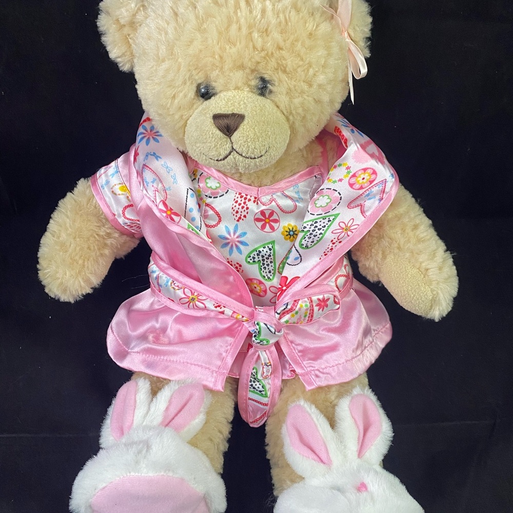 Build A Bear Tan Teddy Bear Plush Pink Bow Satin Robe Bunny Slippers BABW
